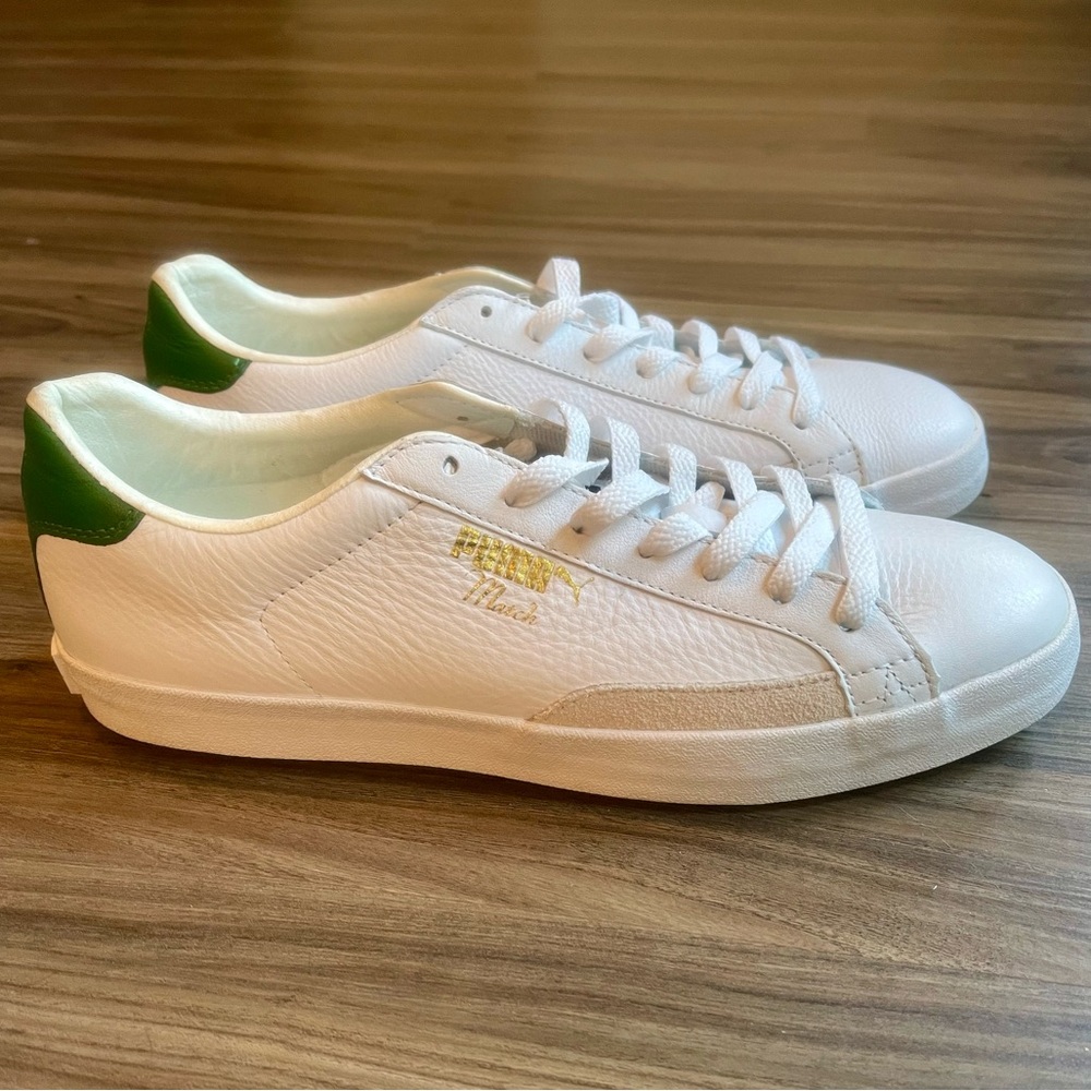 EUC. Puma Match Tennis Shoes. White Leather with Green Accents. Size 9.5.